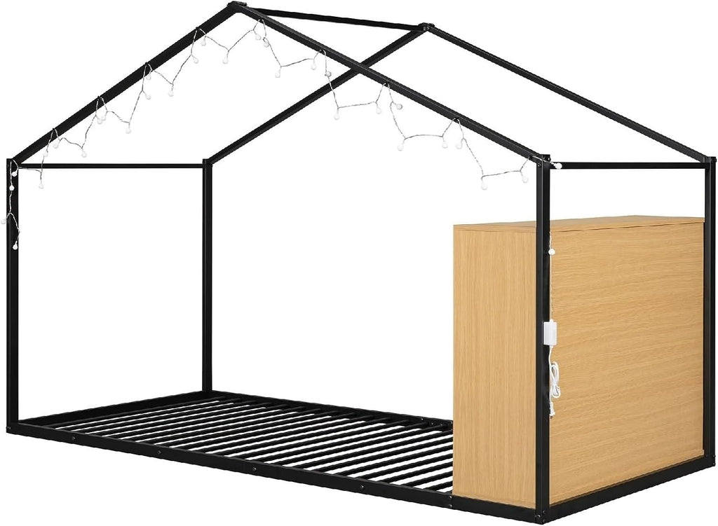 Bed Twin Size Set, Black Bed Frames with Shelves and Lights Metal & Wood 79.9' L x 40.6' W x 59.8' H