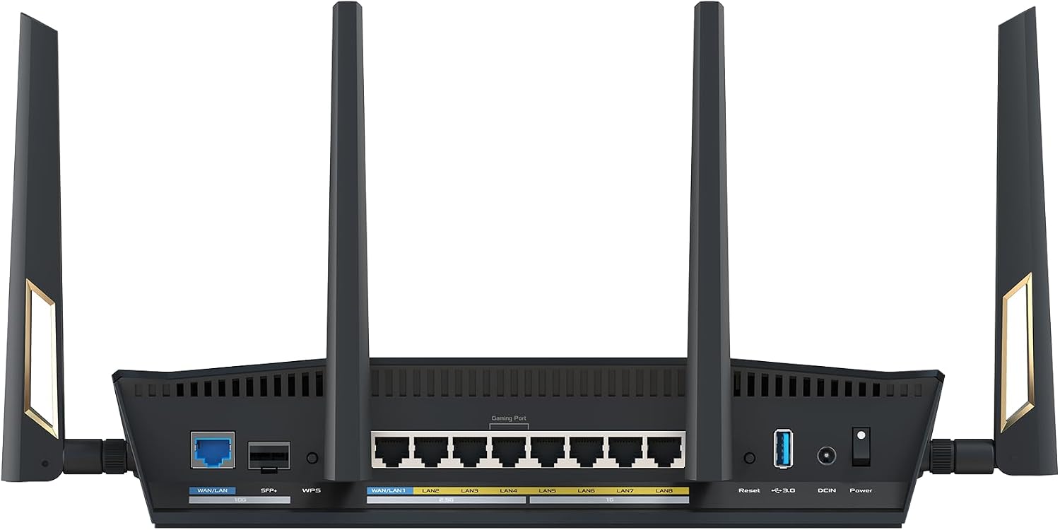 ASUS RT-BE88U Dual-Band WiFi 7 AiMesh Extendable Performance Router, 4K-QAM, MLO, Dual 10G Ports, SFP+, 4X 2.5G Ports, 4X 1G Ports, 34G WAN/LAN Capacity, Network Security, Built-in VPN