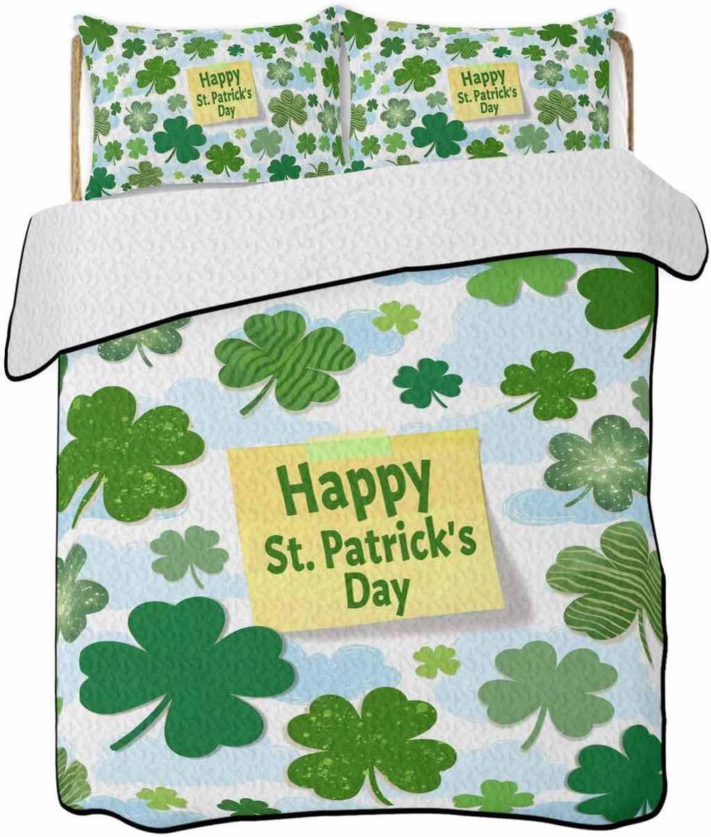Quilt King Size Bedding Set, St. Patrick's Day Lightweight Summer Quilt 3 Pieces Bedding Sets, Spring Lucky Green Shamrock Cloud Blue Reversible Soft Bedspreads Coverlets with 2 Pillow Shams