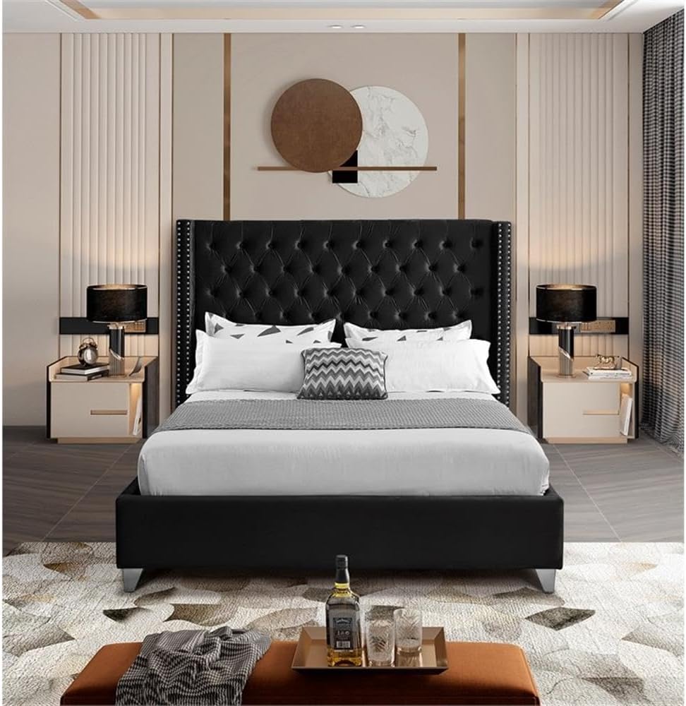 Home Square 2-Piece Set with Velvet Wing Back Queen Bed and Ottoman in Black