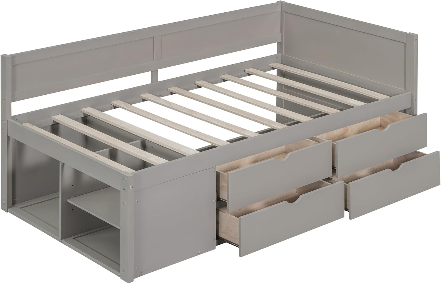 Twin Size Daybed with 4 Pull-Out Drawers and 3 Functioning Shelves,Solid Wood Day Bed Frame with Wooden Slats Support for Bedroom,No Box Spring Required (Gray-AB40)