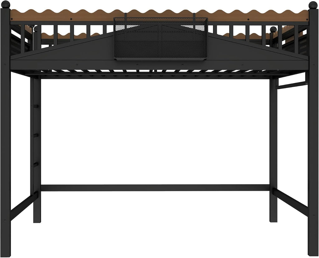 JIVOIT Metal Loft Bed with Built-in Storage Shelves and Bookshelf, Queen Size Metal Loft Bed with Safe Ladder & Guardrail, Space-Saving Loft Bed, No Box Spring Needed and Chic Design