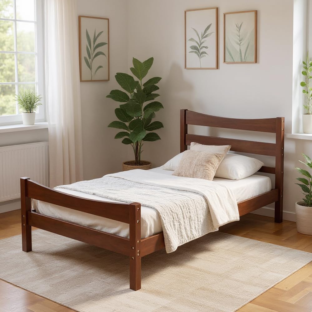 NAFORT Twin Size Wood Bed Frame/Twin Platform Bed Frame with Headboard and Footboard, Bed Frames for Boys Girls, Pine Wooden Mattress Foundation, No Box Spring Needed - Walnut