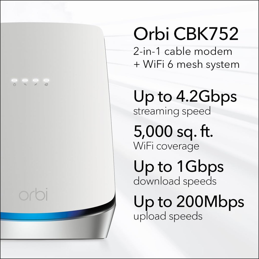 NETGEAR Orbi Cable Modem Router Combo Mesh System (CBK752) DOCSIS 3.1 – AX4200 WiFi 6 (4.2 Gbps) – Certified with Xfinity (up to 900Mbps, Spectrum & Cox (up to 1Gbps) – Covers 5,000 sq.ft.