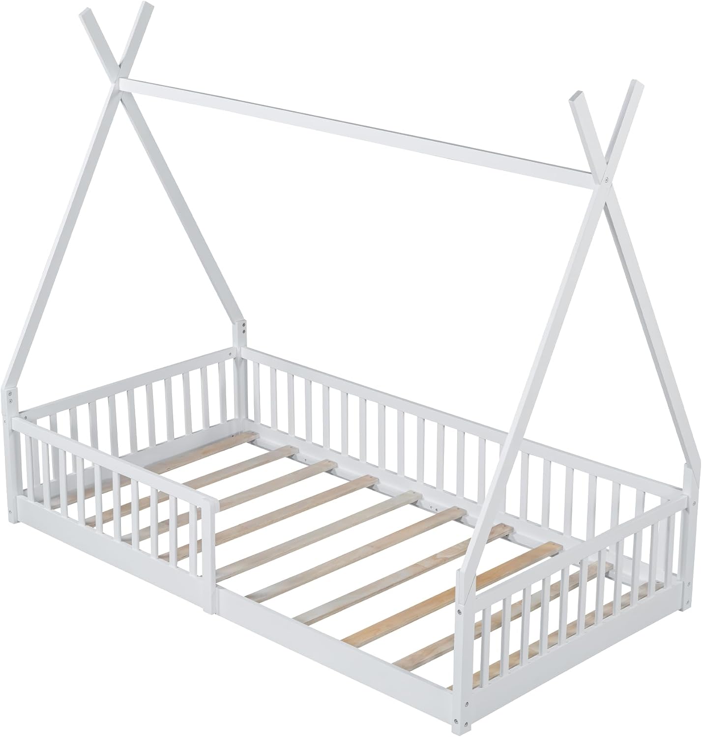 JIVOIT Twin Size Wood House Bed with Fence, House Platform Bed with Roof, Twin Montessori Bed Frame, Wood Slats Support, No Box Spring Needed (White/74)