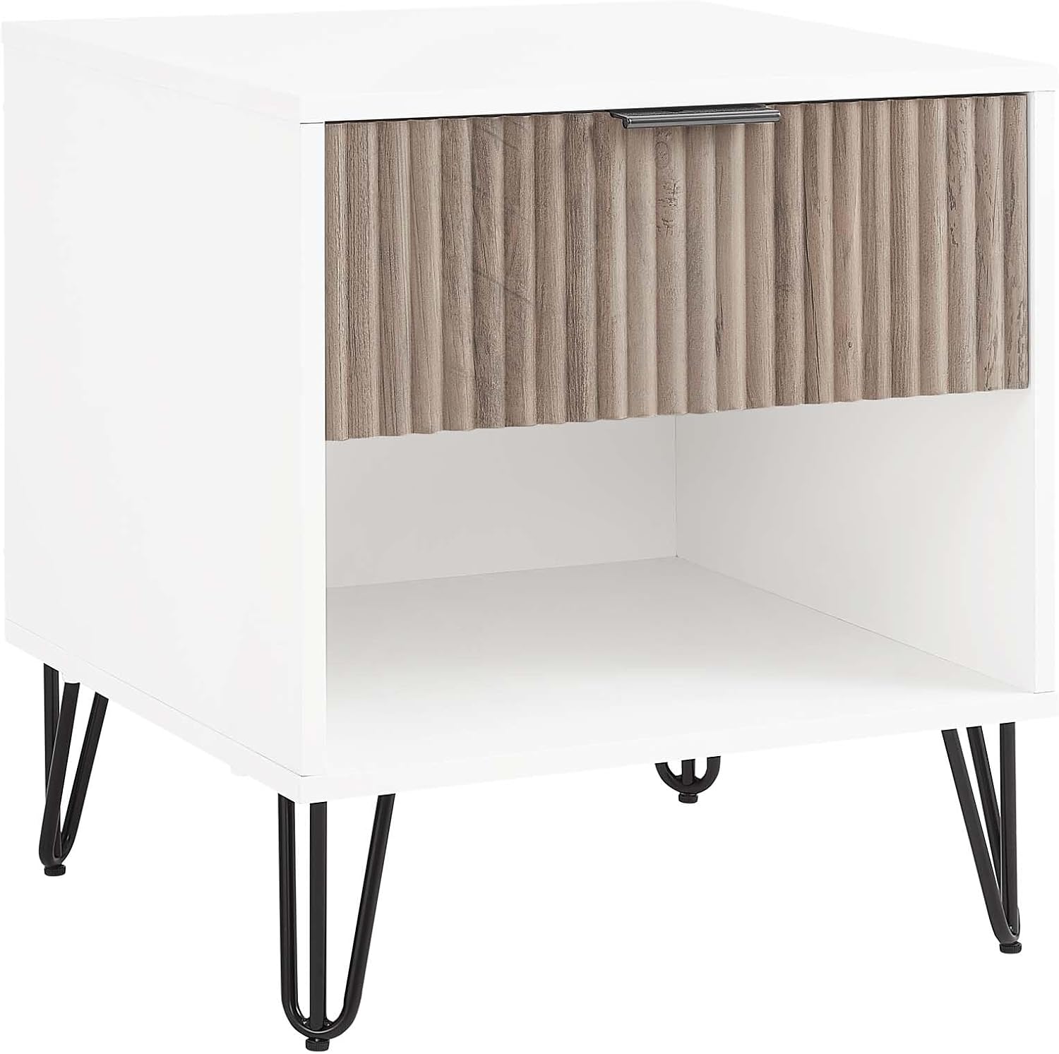 Manhattan Comfort Dumbo Modern Nightstand 1.0 with 1 Drawer and Metal Feet | Splayed Black Legs | Vertical Ribbed | No Tool Assembly Storage for Bedroom & Living Room, Set of 2, White and Rustic Grey