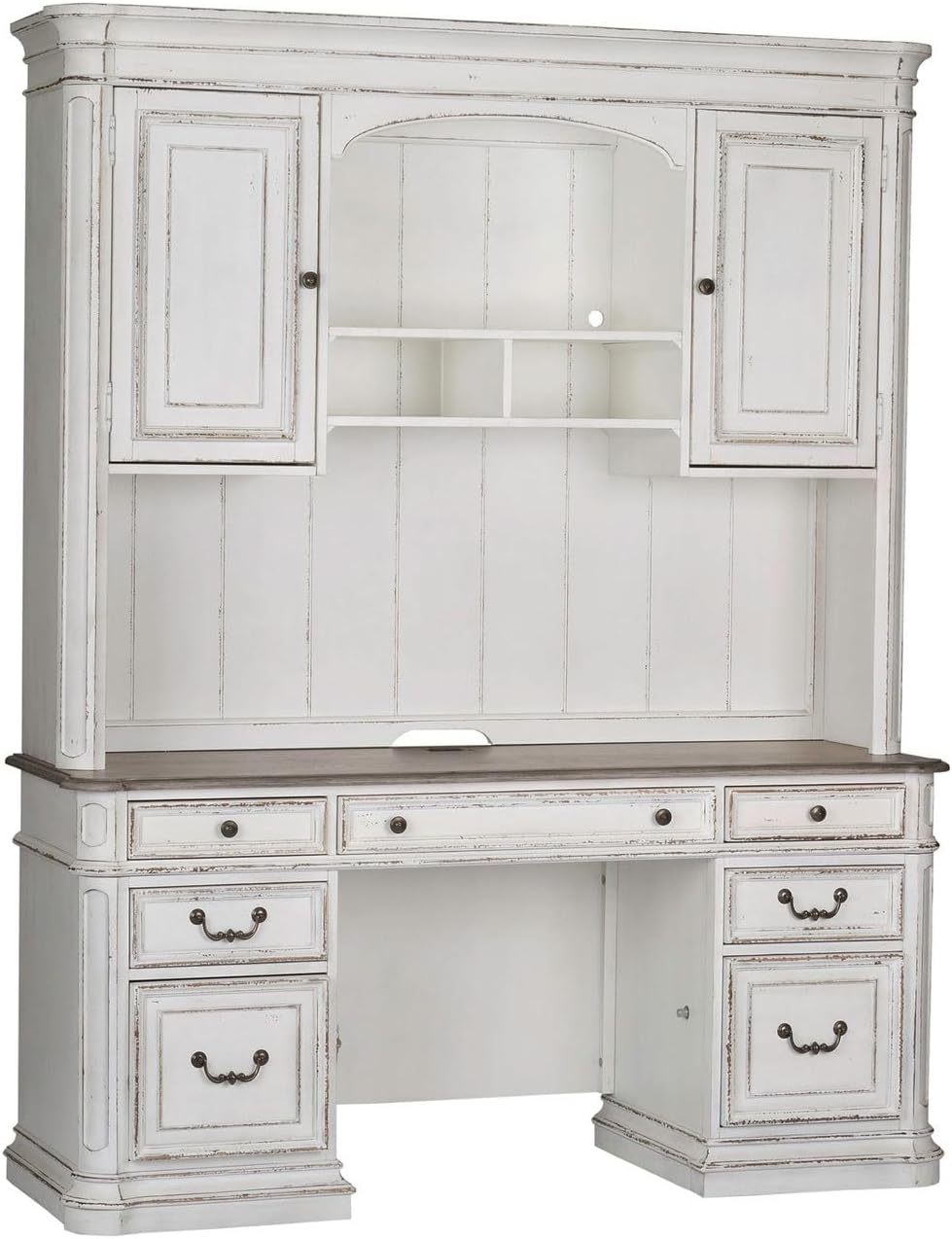 Liberty Furniture Magnolia Manor Credenza Desk & Hutch for Home Office - Antique White & Weathered Bark
