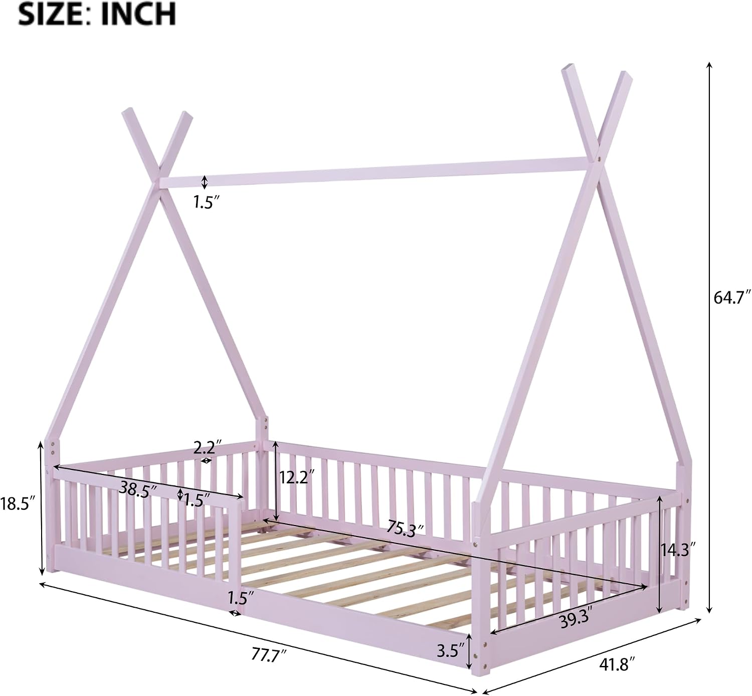JIVOIT Twin Size Wood House Bed with Fence, House Platform Bed with Roof, Twin Montessori Bed Frame, Wood Slats Support, No Box Spring Needed (Pink/74)