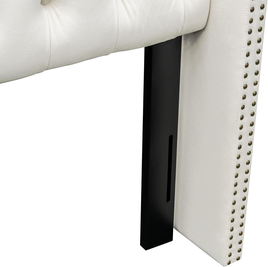 Madison Park Amelia Headboard King Wingback Upholstered - Hand-Tufted Button Detail, Double Nailhead Trim, Foam-Padded Durable Fabric, Adjustable Fit for Classic Bedrooms-Beige Velvet