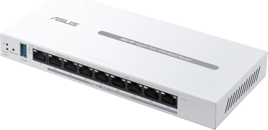 ASUS ExpertWiFi EBG19P Gigabit PoE+ VPN Wired Router, 8 PoE+ Ports, 123W, Up to 3 WAN ethernet Ports+ 1 USB WAN, Perfect for APs, Commercial-Grade Network Security, Easy Management ExpertWiFi app