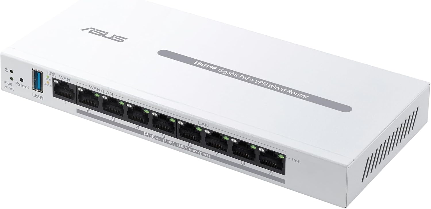 ASUS ExpertWiFi EBG19P Gigabit PoE+ VPN Wired Router, 8 PoE+ Ports, 123W, Up to 3 WAN ethernet Ports+ 1 USB WAN, Perfect for APs, Commercial-Grade Network Security, Easy Management ExpertWiFi app