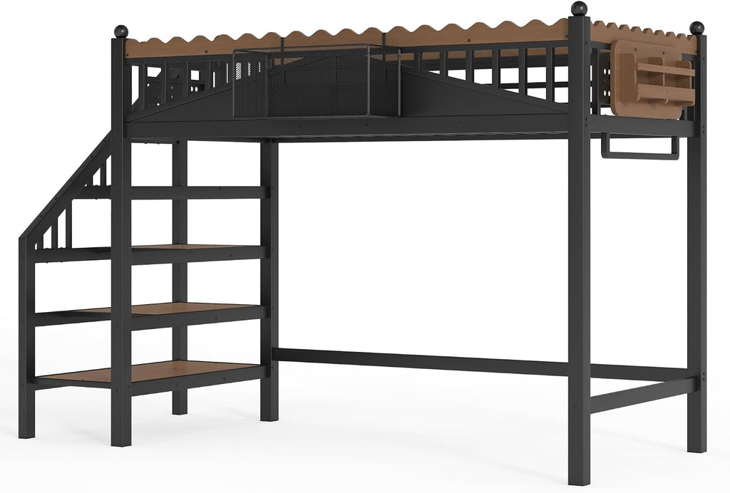 JIVOIT Twin XL Size Metal Loft Bed Frame, Space-Saving Loft Bed with Storage Stairs, Storage Shelves and Bookshelf, Strong Support Slats, Perfect for Bedroom, Guest, Dorms