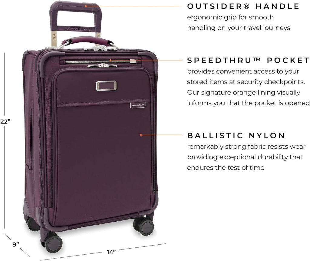 Briggs & Riley Essential 22' Carry On Expandable Spinner - Luggage for Travel, Suitcases with Wheels, Softside Rolling Bag for Men & Women, Self-Repairing Zipper - Baseline Collection, Plum