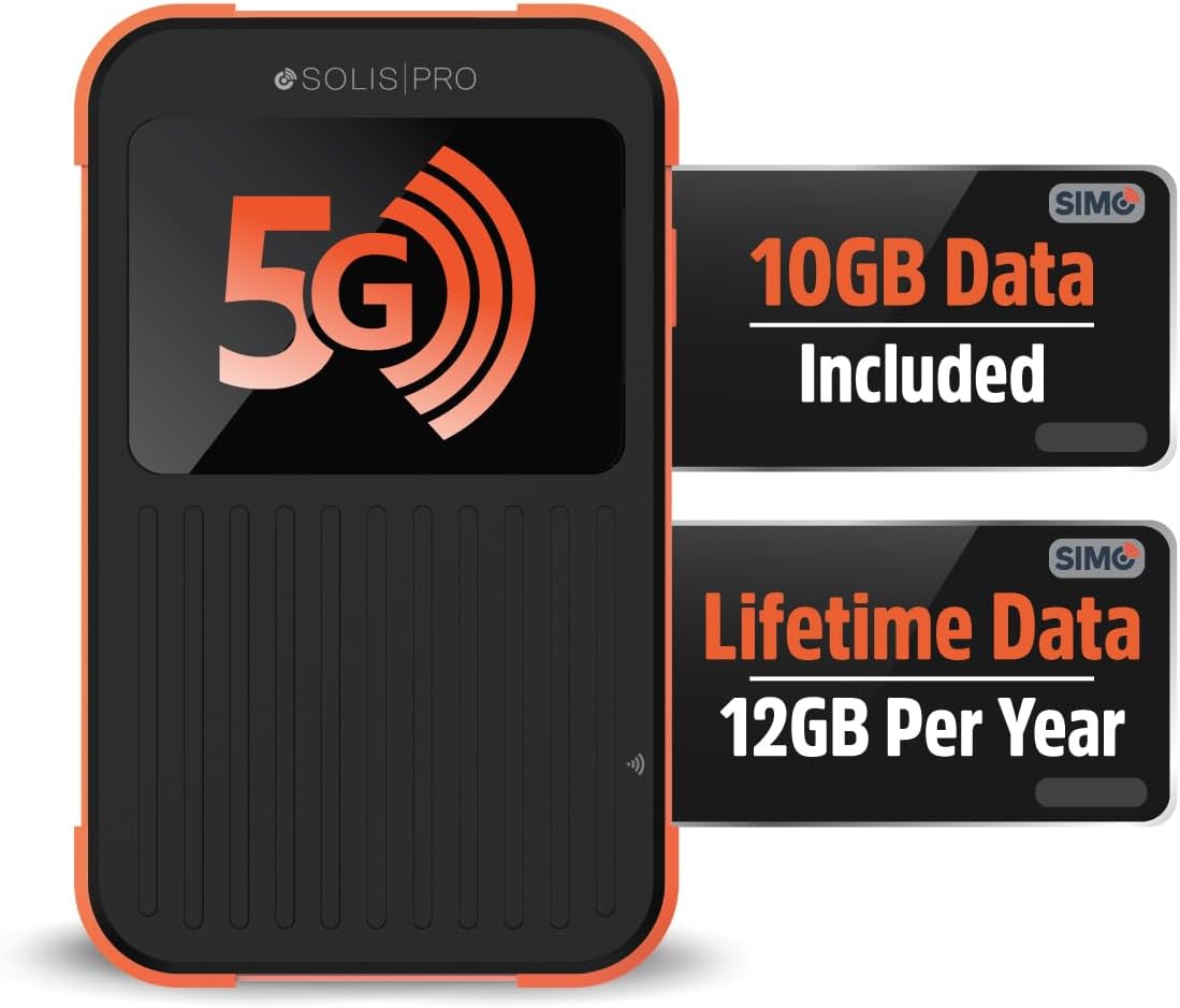 SIMO Solis Pro 5G Mobile Hotspot WiFi Power Bank Touchscreen Display for Travel in 140+ Countries, No SIM Card or Contract, Multi-Carrier Network, 20 Devices, 1GB/Month Lifetime + 10GB Global Data