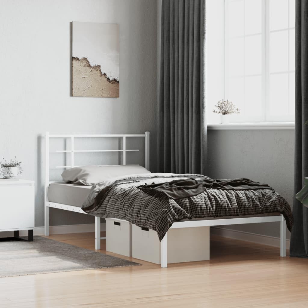 Twin Metal Bed Frame with Headboard White 39.4'x78.7' Sturdy Steel Platform Bed Frame with Underbed Storage Space for Bedroom Furniture, Guest Room, Dorm
