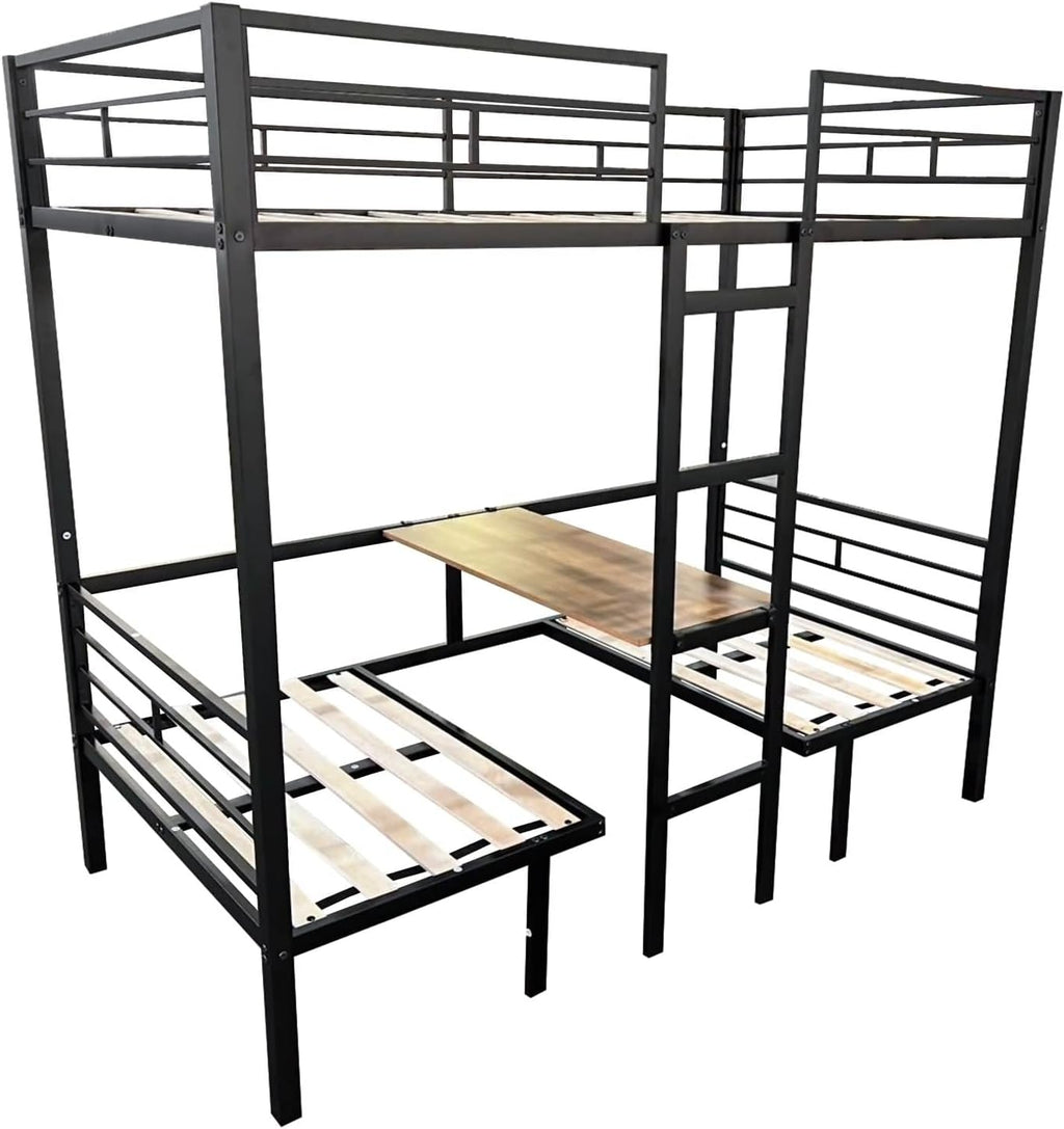 Bed Frame Twin Size Loft, Black Bed Frame Men with Table Sets Transformable to Twin Over Twin Bunk Steel 77.95' L x 41.34' W x 68.9' H