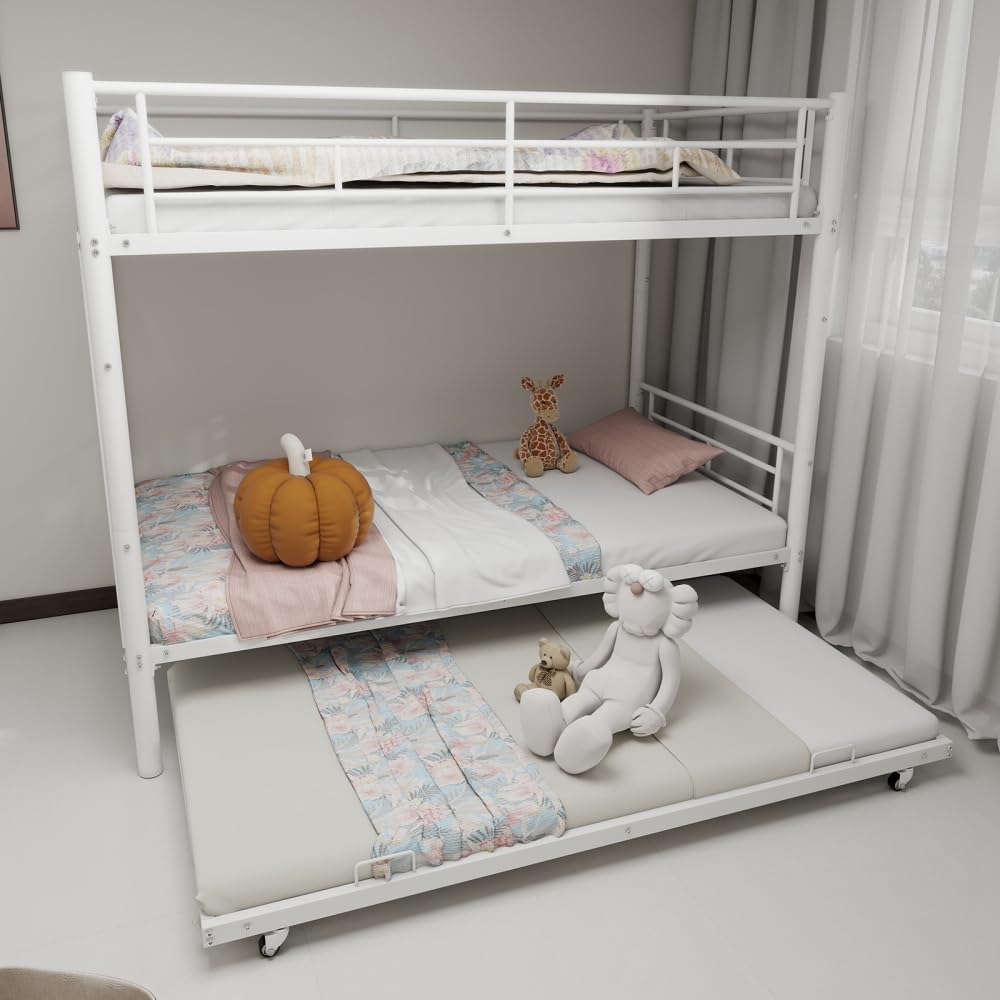 Twin Over Full Metal Bunk Bed, with Ladder & Full-Length Guardrail for Teens Adults, Noise Free (White + Metal + Twin)