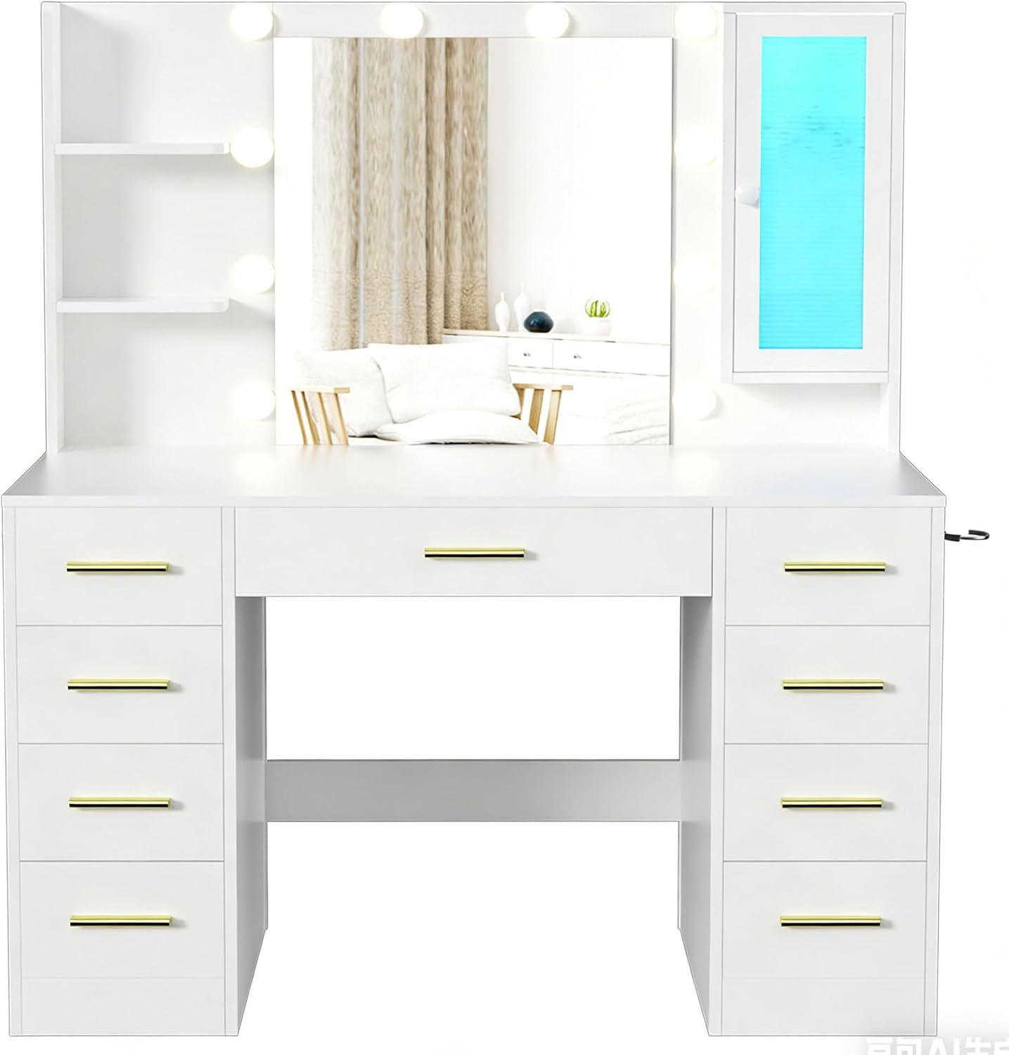 ERLEJIA Vanity Desk with Mirror and Lights, 43' Large Makeup Dressing Table with 9 Drawers & 3 Shelves, RGB LED Lighting & Power Outlet, White and Gold
