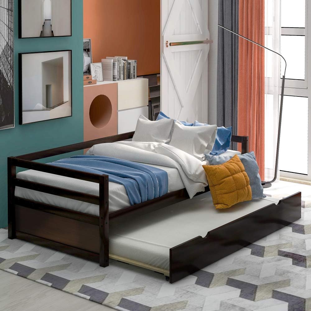 Twin Daybed with Trundle Frame Set in White, Solid Pine Wood Construction for Kids Room or Guest Bedroom (Espresso + Pine + Bedroom)