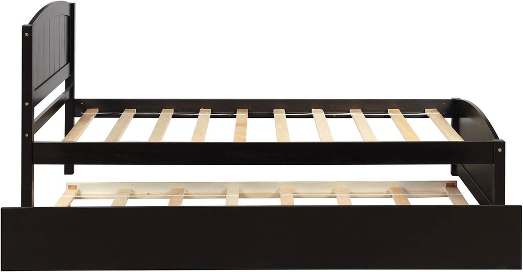 Modern Solid Wood Platform Bed with Trundle Classic Bed Frame with Headboard, No Box Spring Needed Space Saving, Twin Espresso