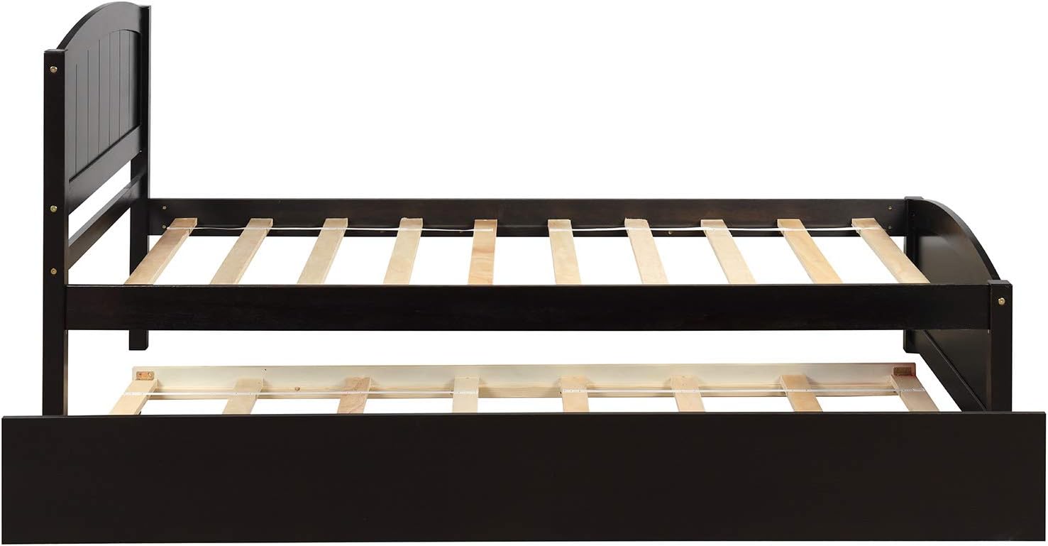 Modern Solid Wood Platform Bed with Trundle Classic Bed Frame with Headboard, No Box Spring Needed Space Saving, Twin Espresso