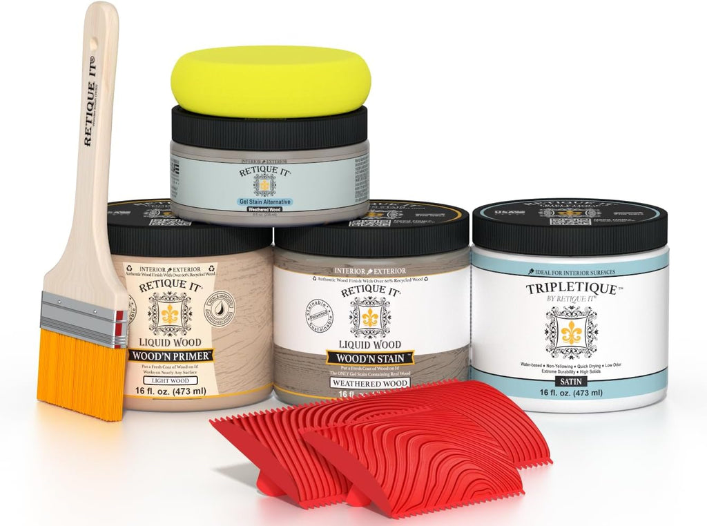 Retique It Wood Finish Countertop Kit – Go Beyond Faux Wood Including Paintable Liquid Wood Based Primer, Gel Stain - Graining Tools Included