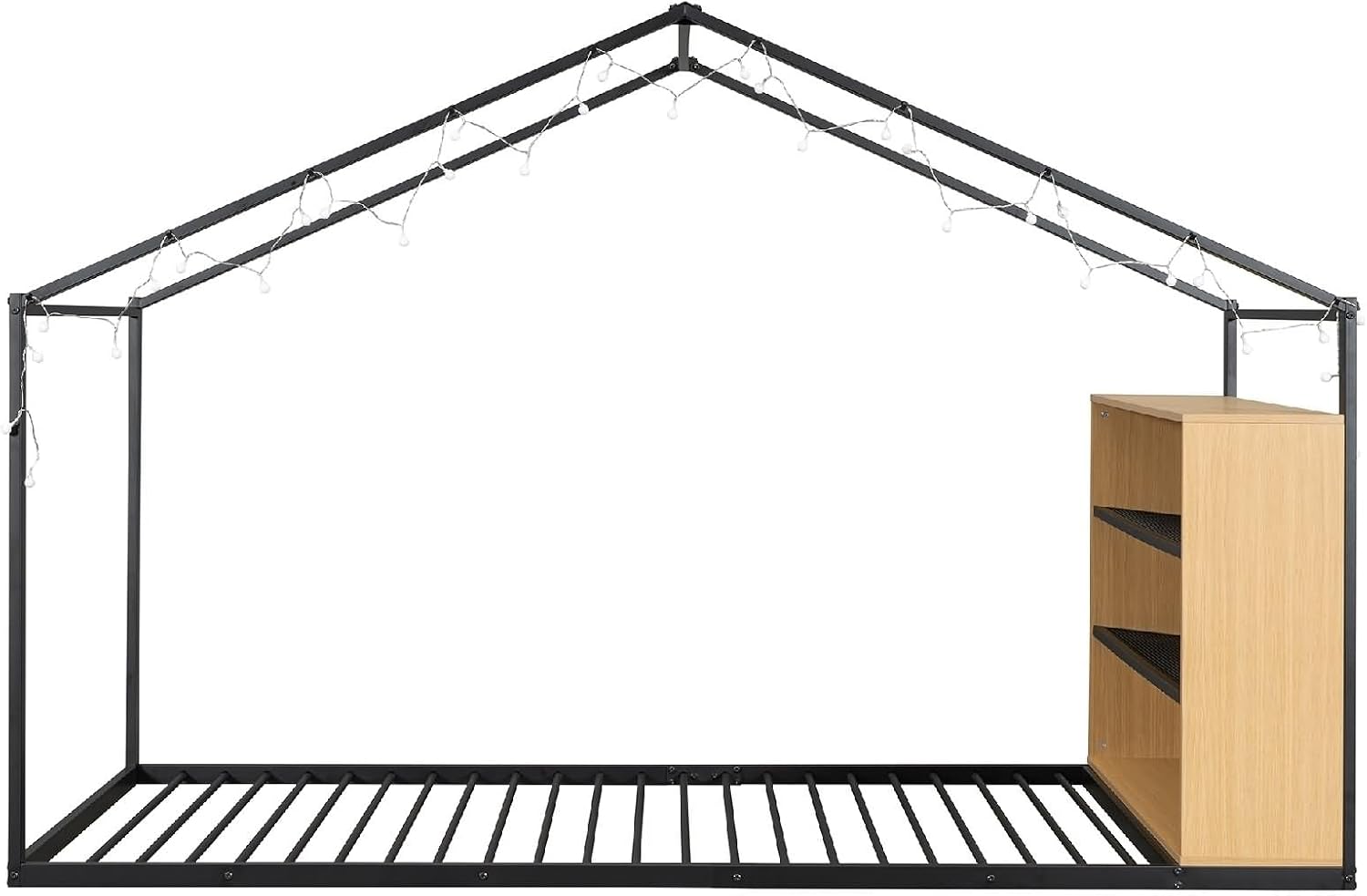 Bed Twin Size Set, Black Bed Frames with Shelves and Lights Metal & Wood 79.9' L x 40.6' W x 59.8' H