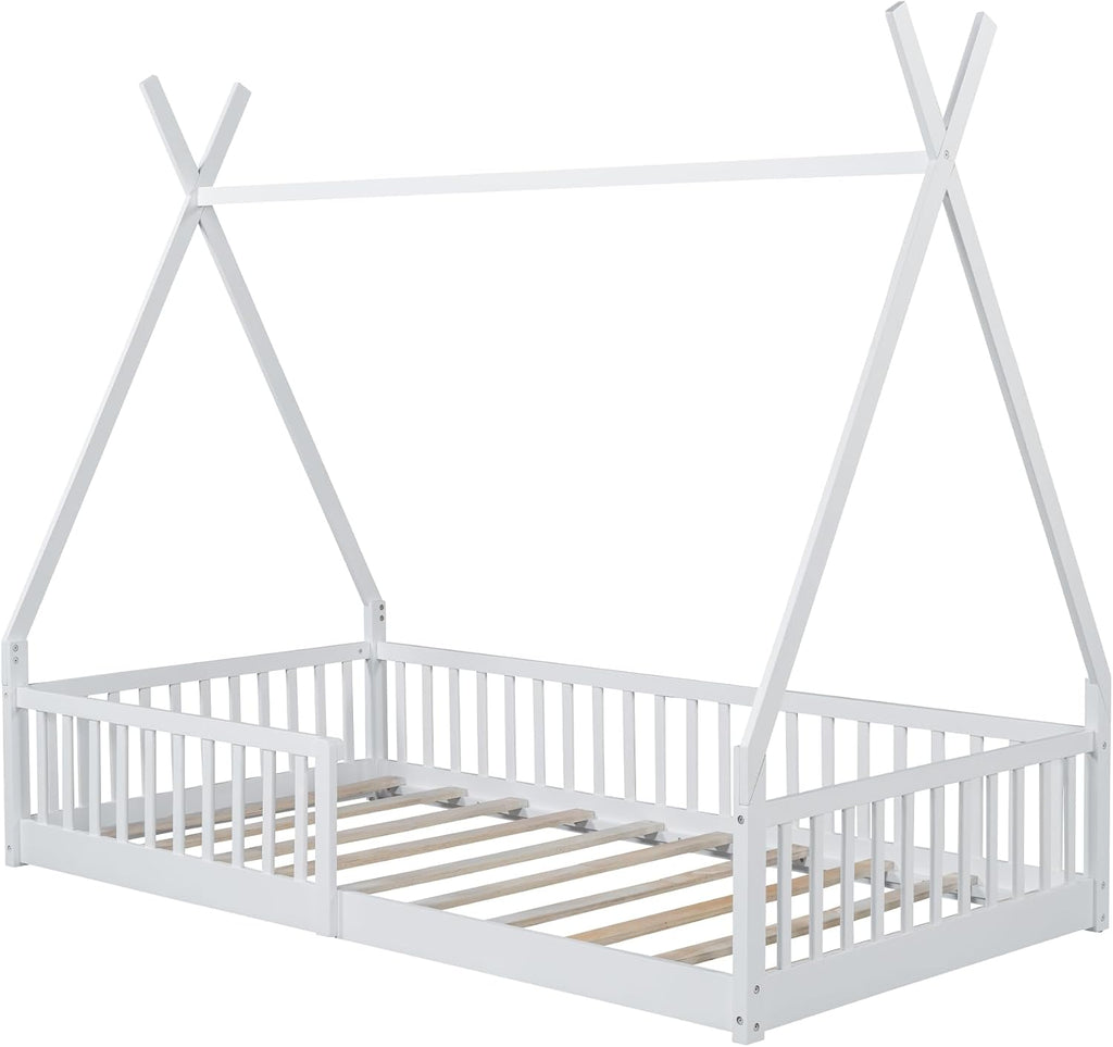 JIVOIT Twin Size Wood House Bed with Fence, House Platform Bed with Roof, Twin Montessori Bed Frame, Wood Slats Support, No Box Spring Needed (White/74)