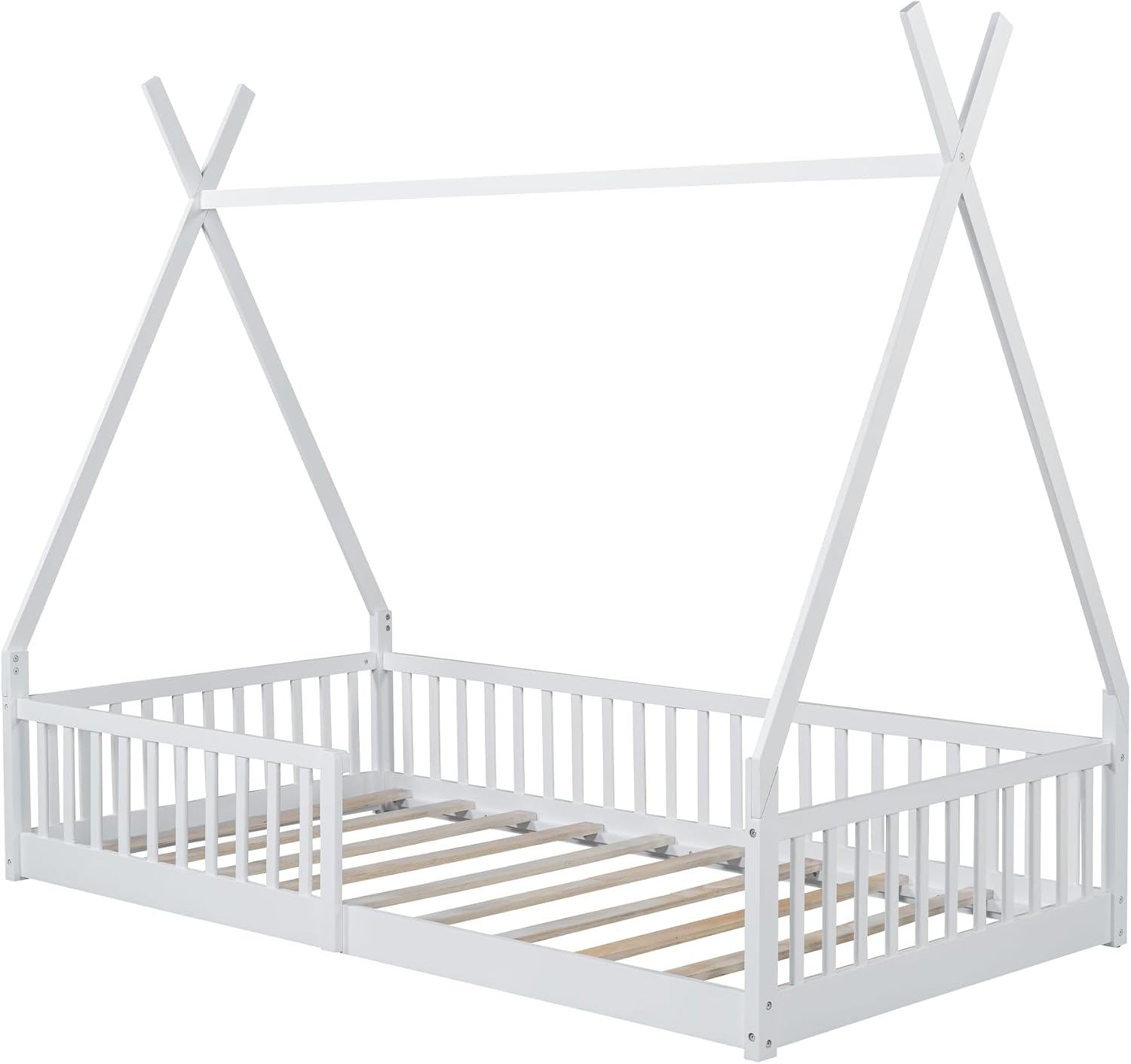 JIVOIT Twin Size Wood House Bed with Fence, House Platform Bed with Roof, Twin Montessori Bed Frame, Wood Slats Support, No Box Spring Needed (White/74)