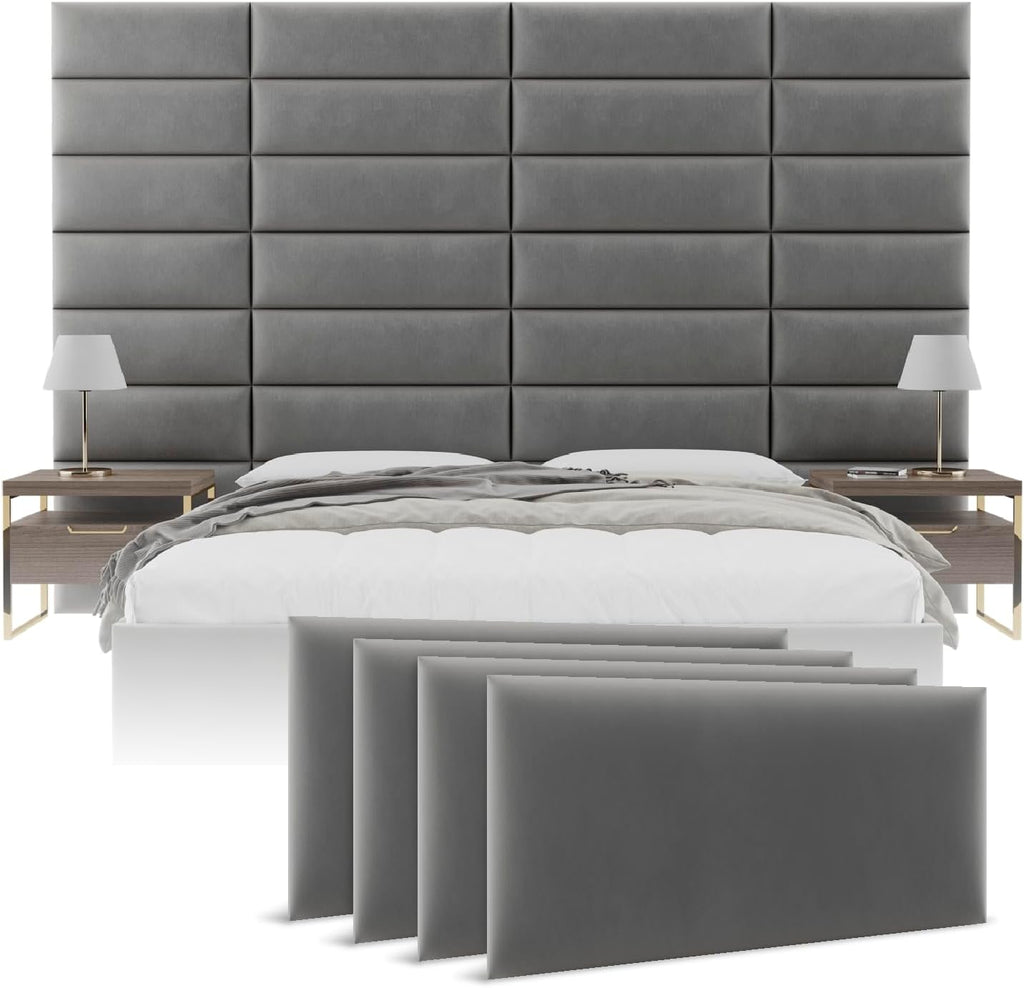 Vänt Upholstered Wall Panels - Queen/Full Size Wall Mounted Velvet Headboards - Velvet Smoke Grey - Set of 4 Panels (Each Individual Panel 30'x11.5')