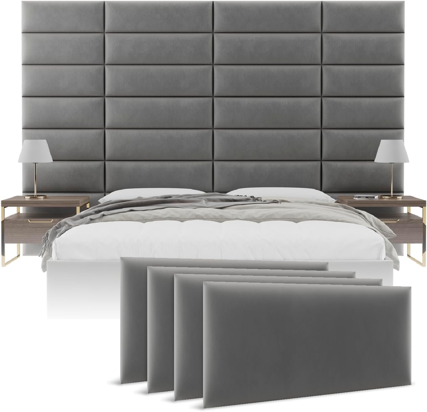 Vänt Upholstered Wall Panels - Queen/Full Size Wall Mounted Velvet Headboards - Velvet Smoke Grey - Set of 4 Panels (Each Individual Panel 30'x11.5')