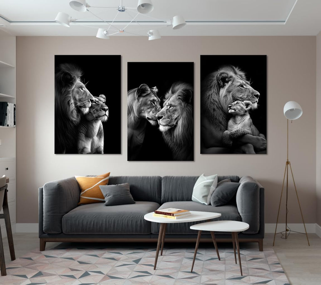 Black and White Lion Wall Art for Living Room Decor 3 Panels Wild Animals Pictures Wall Decor Modern Lion and Lioness Posters Prints Artwork, Framed 24' W x 36' H x 3pcs