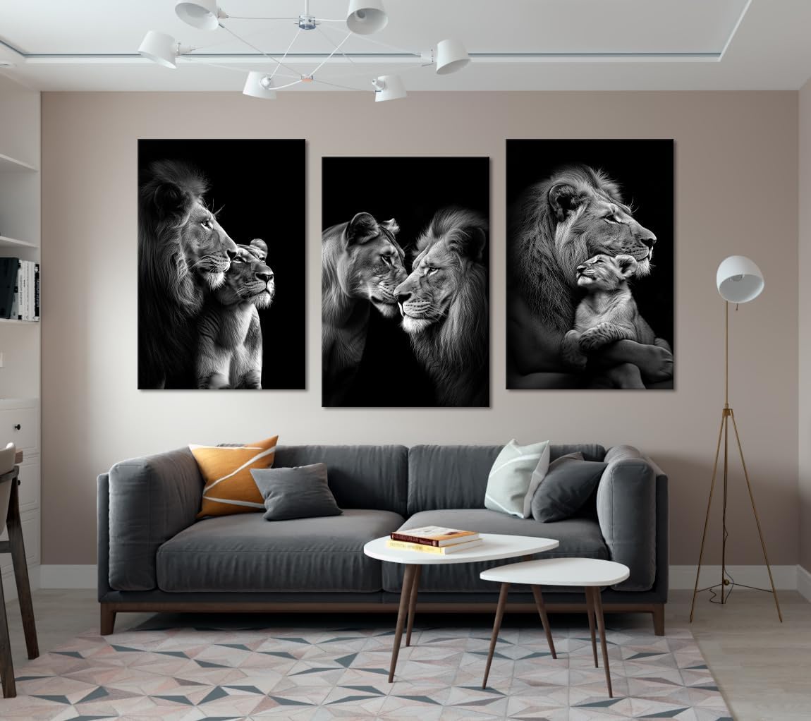 Black and White Lion Wall Art for Living Room Decor 3 Panels Wild Animals Pictures Wall Decor Modern Lion and Lioness Posters Prints Artwork, Framed 24' W x 36' H x 3pcs
