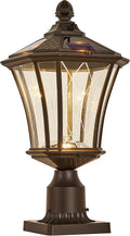 Dusk to Dawn Solar Outdoor Post Lights, Brown Outside Pillar Lights with Pier Mount Base, Waterproof Aluminum Solar Pole Lamps Head with Patterned Glass for Yard, Path, Garden