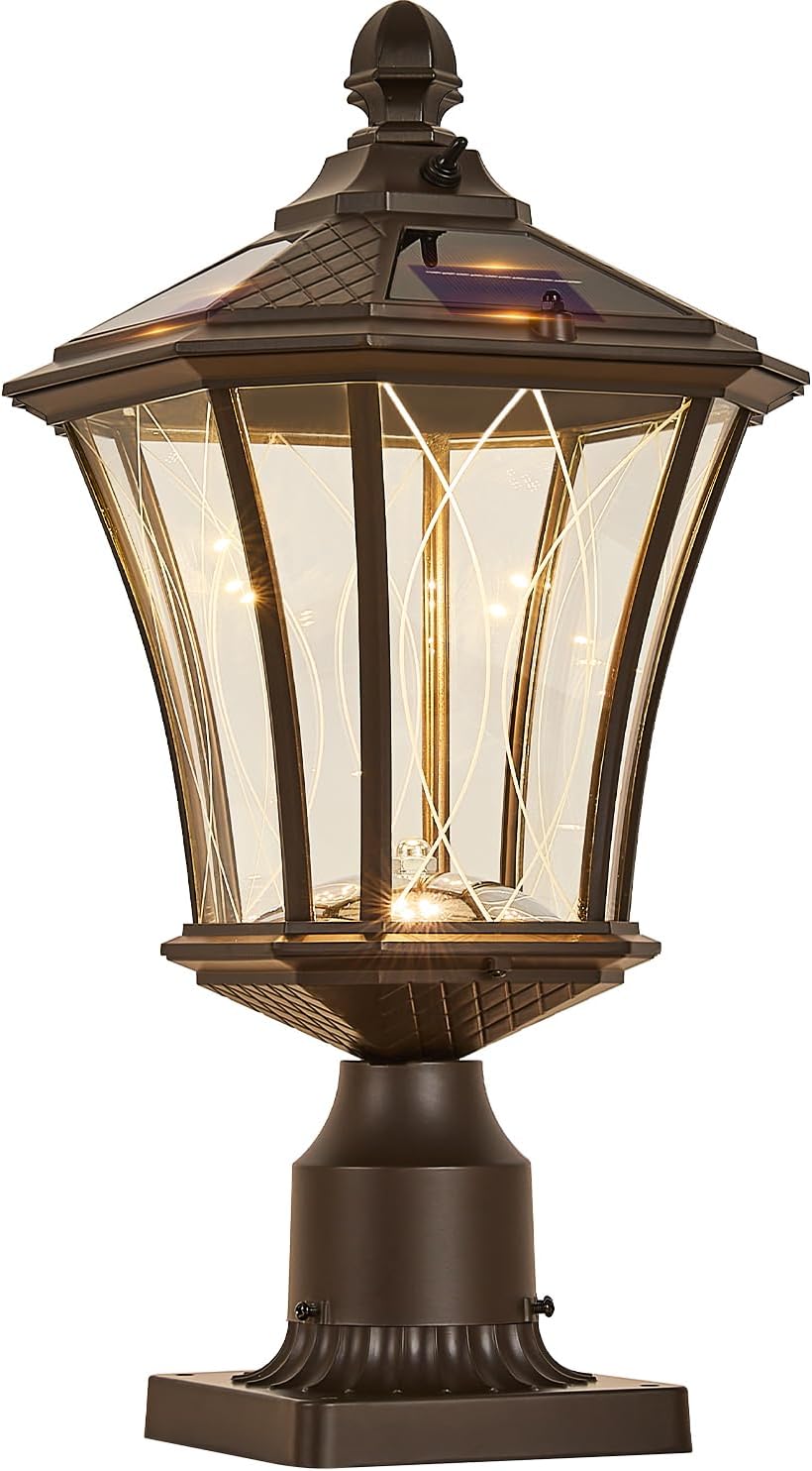 Dusk to Dawn Solar Outdoor Post Lights, Brown Outside Pillar Lights with Pier Mount Base, Waterproof Aluminum Solar Pole Lamps Head with Patterned Glass for Yard, Path, Garden