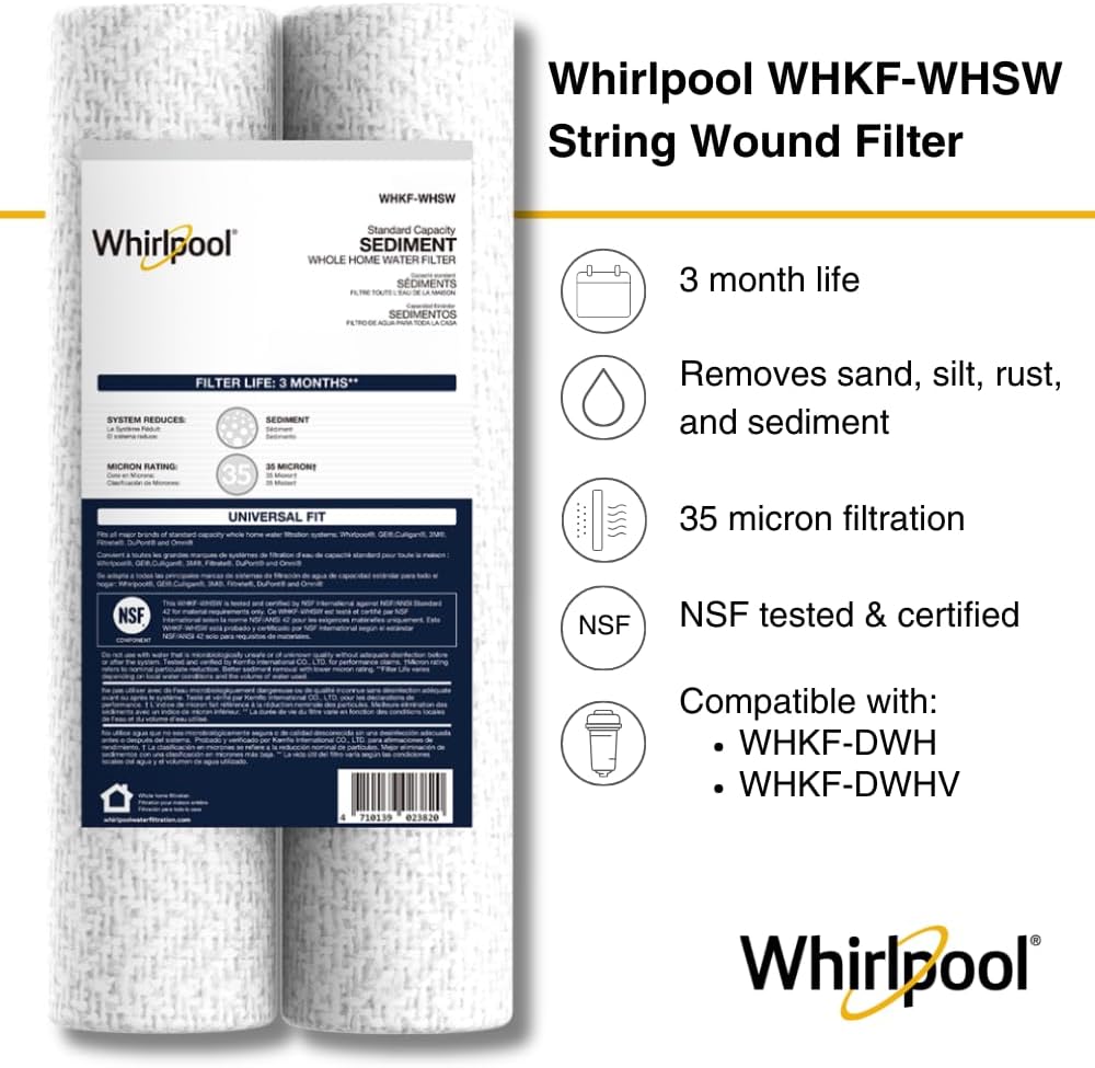 Whirlpool 10' x 2.5' Whole House Sediment Water Filters, WHKF-WHSW, 35 Micron, NSF Certified Reduces Sand, Soil, Silt & Rust for Standard Filter Housings, 24-Pack