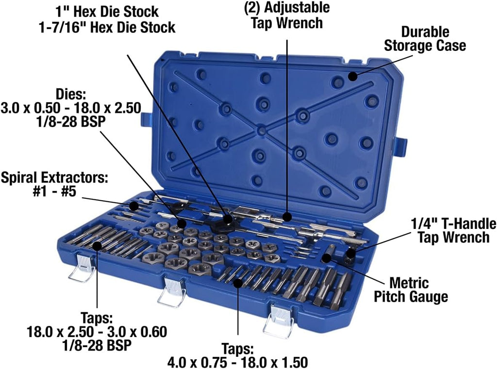 Century Drill & Tool Metric Tap and Die Set, 58-Pc Heat Treated Steel Hand Cutting Taps & Dies Includes Wrenches, Screw Extractors, Pitch Gauge & More - 98957