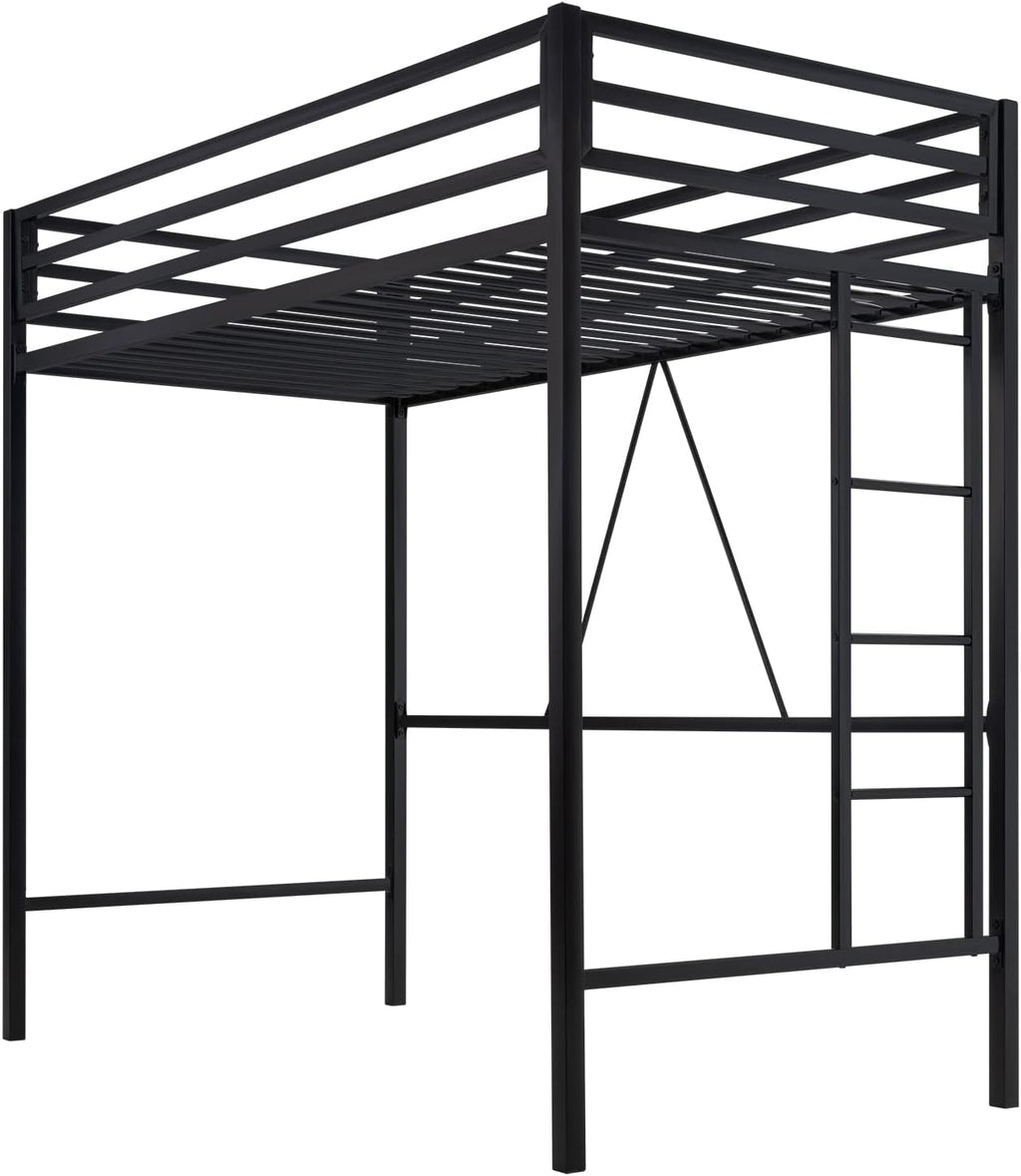 MUTICOR Twin Loft Bed Frame for Juniors and Adults with Safety Guardrail and Ladder,Metal Slats Support, Small Space Saving Furniture for Bedroom Kids Room and Dorm,Black
