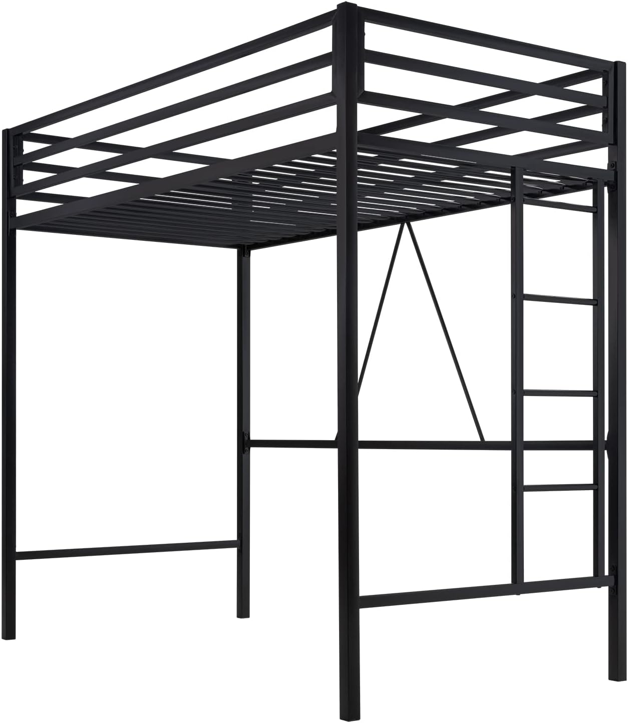 MUTICOR Twin Loft Bed Frame for Juniors and Adults with Safety Guardrail and Ladder,Metal Slats Support, Small Space Saving Furniture for Bedroom Kids Room and Dorm,Black