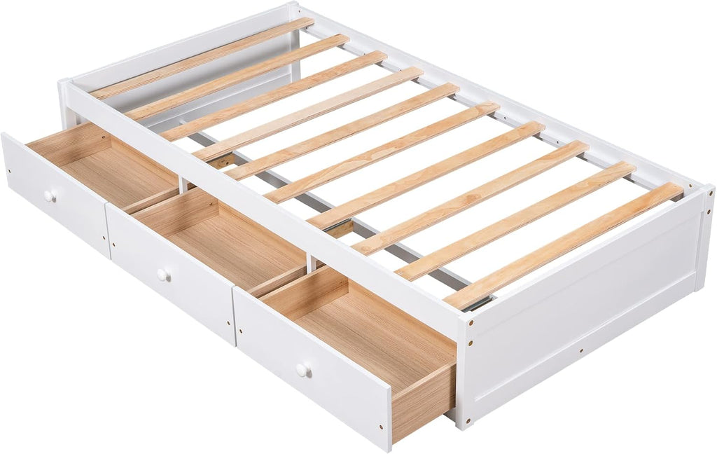 Bellemave Twin Platform Bed Frame with 3 Storage Drawers, Wood Twin Size Bed with Support Slats, Twin Bed Frame for Kids,Teens,Adults No Box Spring Needed (White)