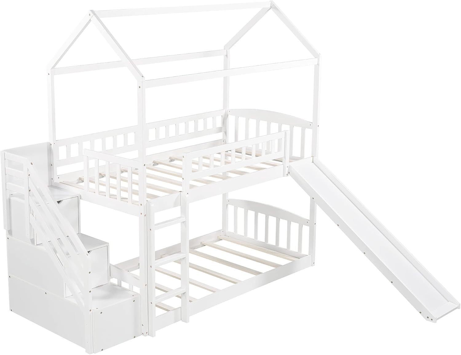 KLMM Twin Over Twin Bunk Bed for Kids Toddlers, House Bunk Bed Farm with Storage Steps and Slide Ladder Roof Guardrail for Girls/Boys, No Spring Box Required (White-Wood)