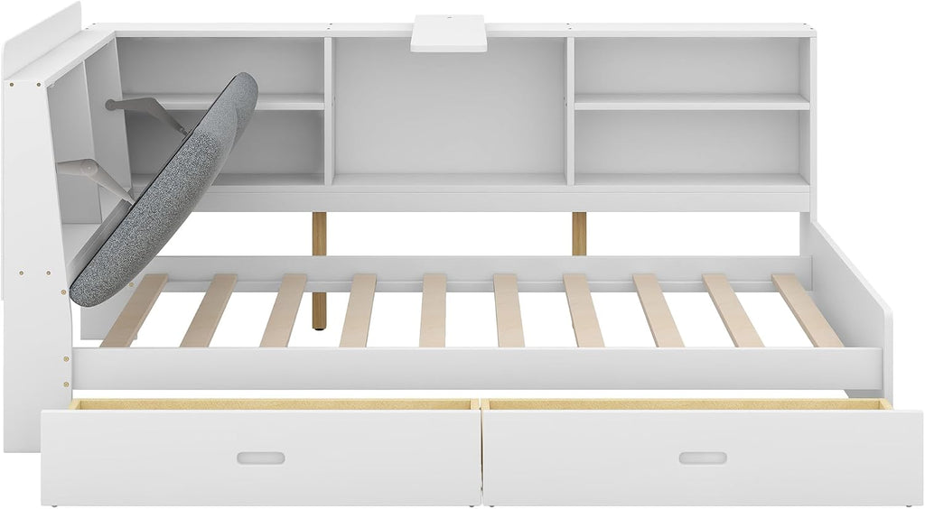 Twin Size Platform Bed with Storage Headboard and Shelves, Wooden Daybed Frame with Side Bookcase and 2 Drawers,Wood Slat Support, Rotatable Storage Board (White-83J)