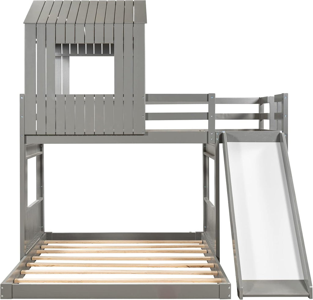 Twin Over Full Bunk Beds with Slide for Kids Toddlers, Play Farm House Roof Window Guardrail Ladder, for Girls Boys, No Spring Box Required (Gray-Slide-Twin-Full)