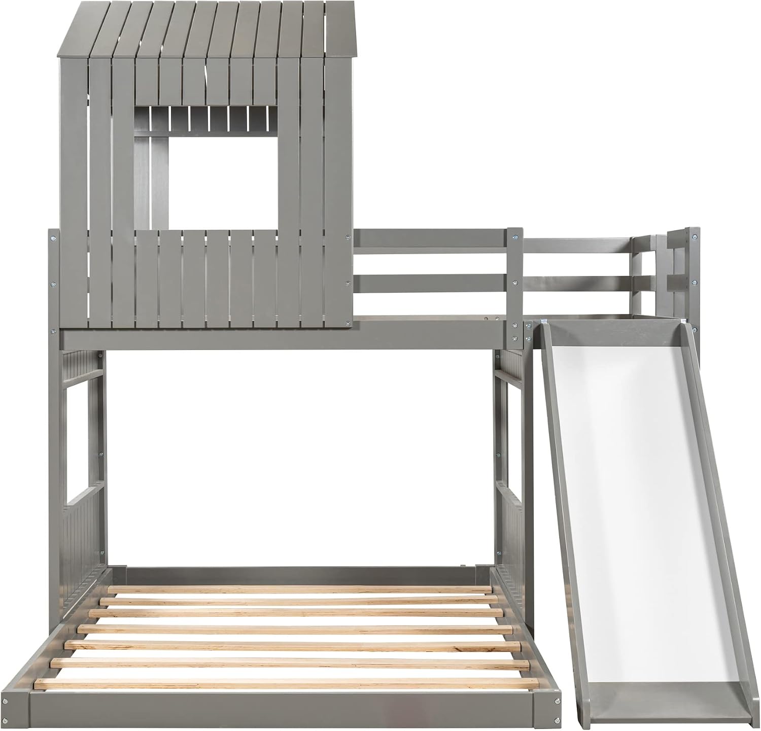 Twin Over Full Bunk Beds with Slide for Kids Toddlers, Play Farm House Roof Window Guardrail Ladder, for Girls Boys, No Spring Box Required (Gray-Slide-Twin-Full)