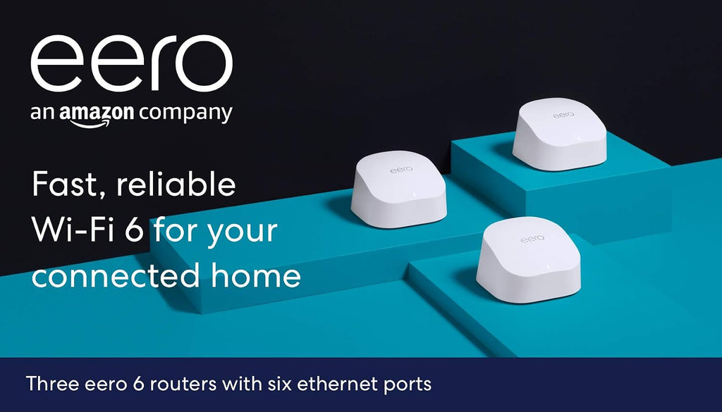 Amazon eero 6 mesh wifi system - Supports speeds up to 900 mbps, Coverage up to 4,500 sq. ft., Connect 75+ Devices, 3-pack (3 routers)