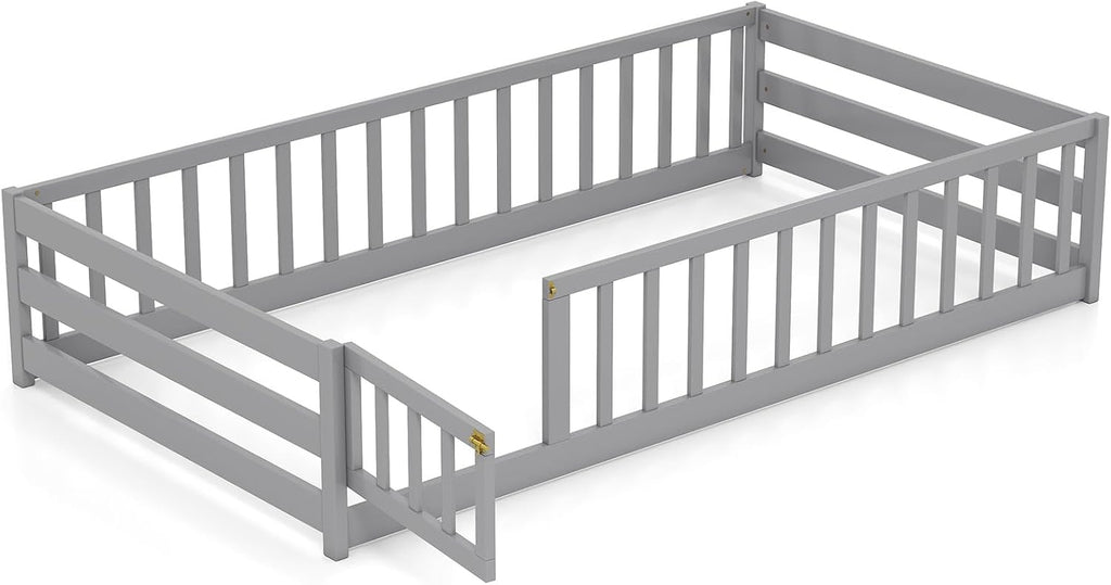BECOMFORT Twin Floor Bed for Kids, Kids Twin Floor Bed Frame with Door, Latch & Safety Guardrails, Montessori Bed for Boys Girls