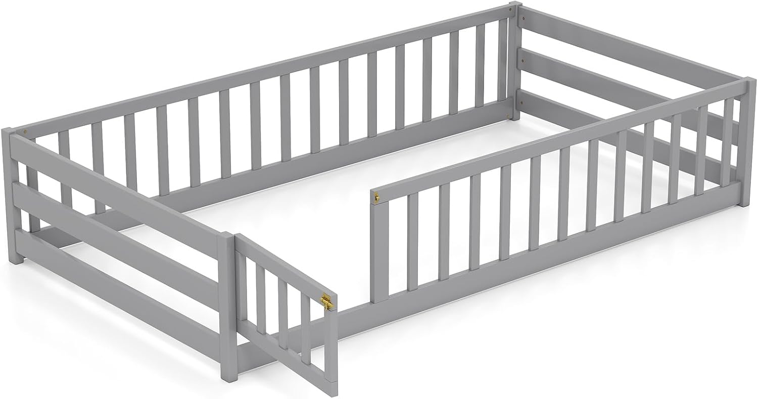 BECOMFORT Twin Floor Bed for Kids, Kids Twin Floor Bed Frame with Door, Latch & Safety Guardrails, Montessori Bed for Boys Girls