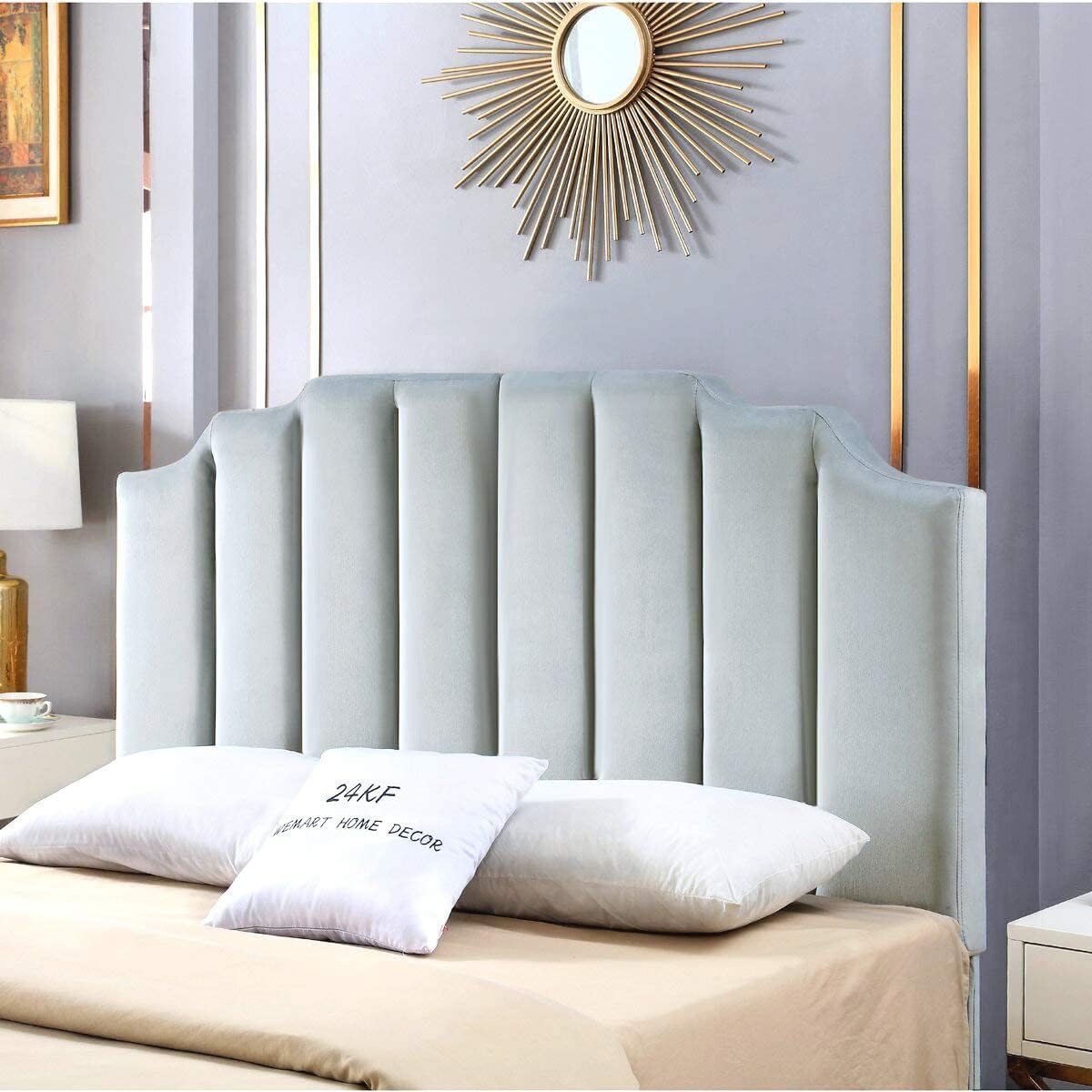 24KF Steel Gray Velvet Tufted Queen Upholstered Headboard, Modern Vertical Channel Design California Queen/Full Headboard with Stepped Silhouette Top Edge, 6026-Q-New Steel Gray