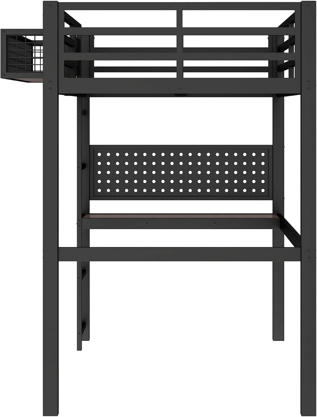 JIVOIT Twin XL Size Metal Loft Bed Frame with Desk, Bedside Storage Basket, Side Clock Design, Pegboard, 68' H Metal Loft Bed with Slats Support, No Spring Box Needed