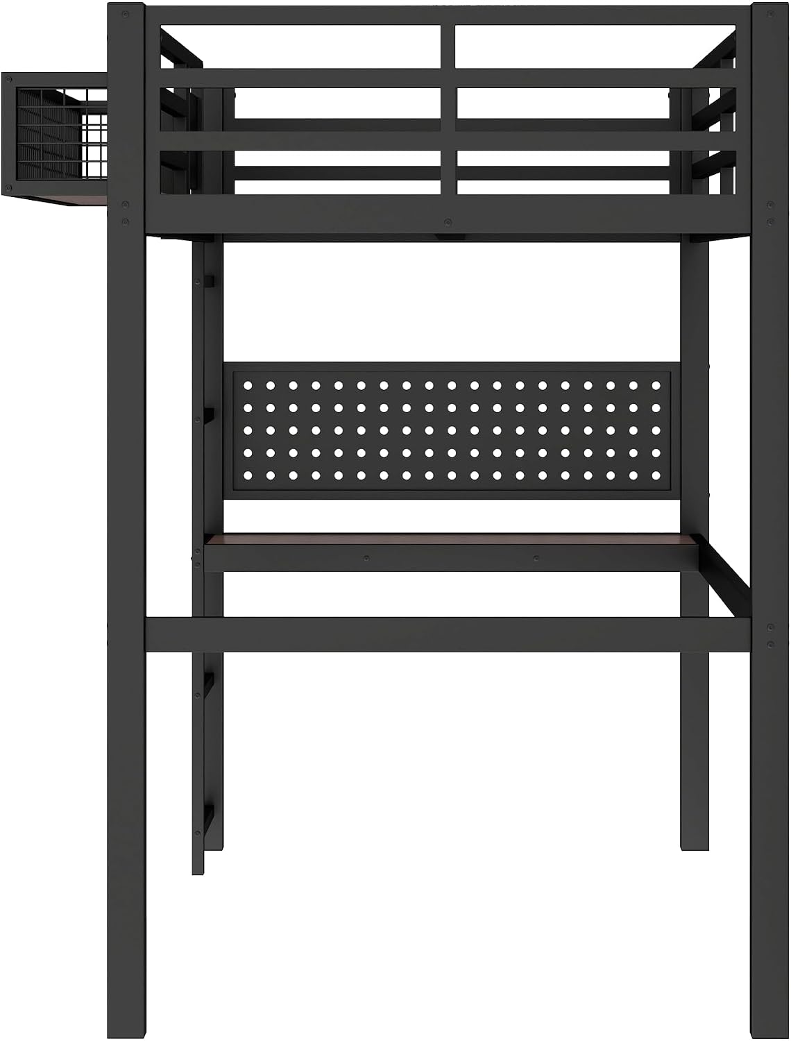 JIVOIT Twin XL Size Metal Loft Bed Frame with Desk, Bedside Storage Basket, Side Clock Design, Pegboard, 68' H Metal Loft Bed with Slats Support, No Spring Box Needed
